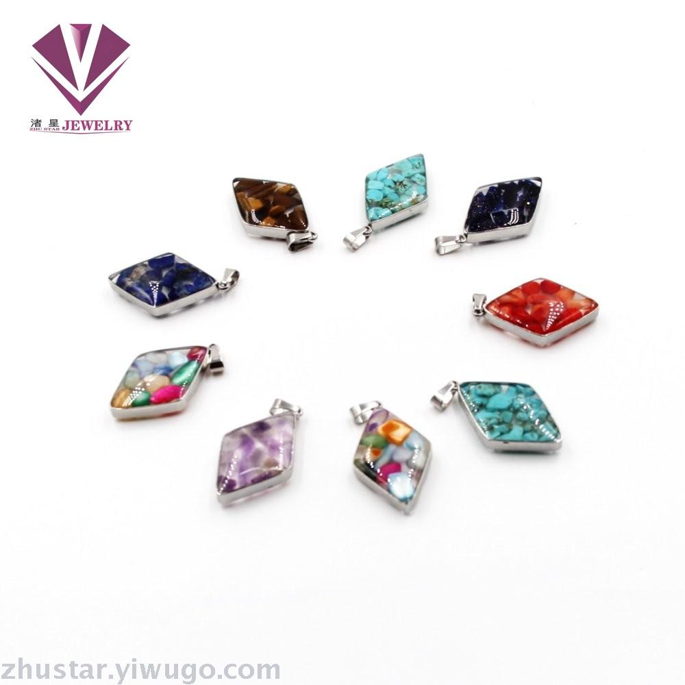 Stainless steel natural stone pendant, agate, powder crystal, amethyst, cyan crystal, tiger eye stone, pine stone, coral