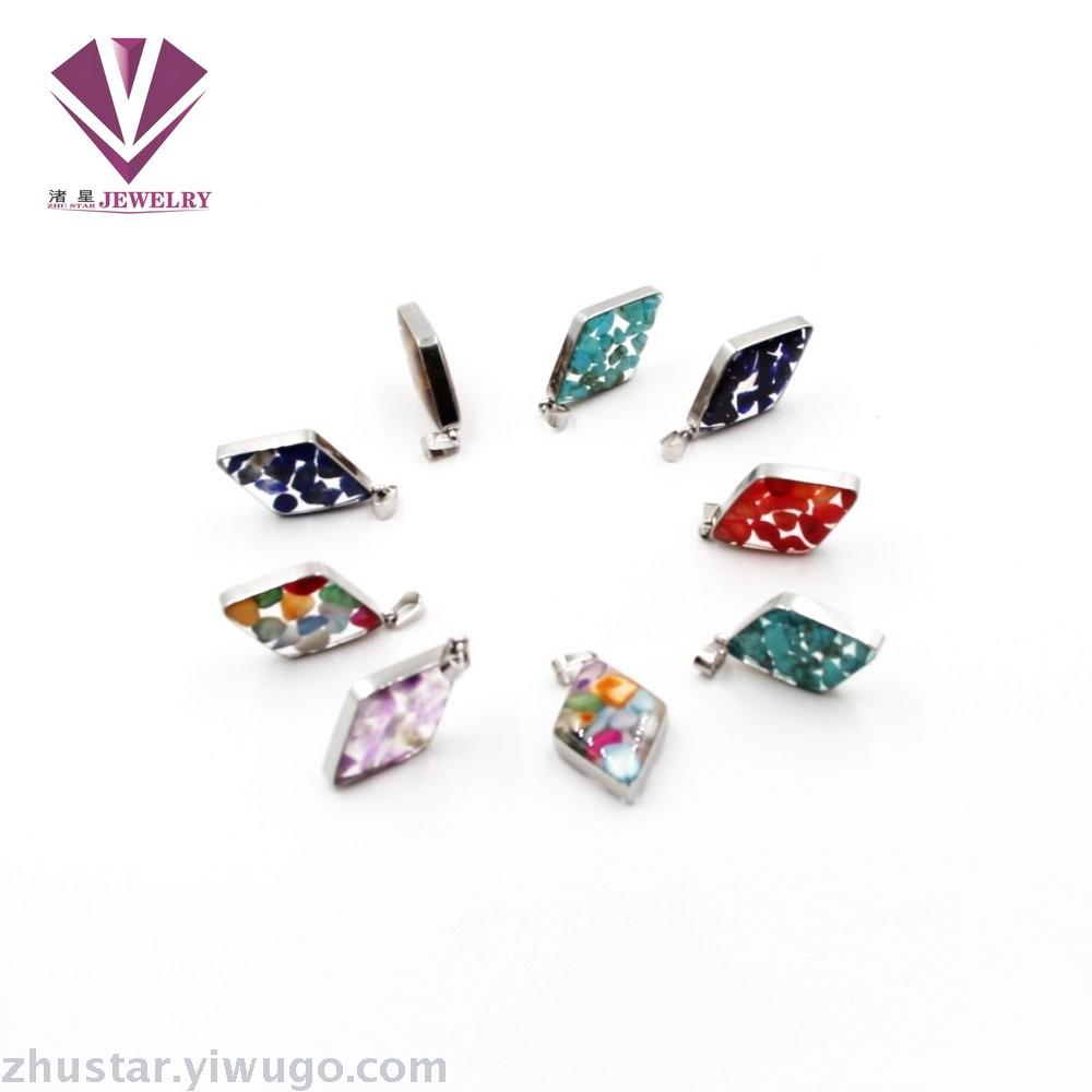 Stainless steel natural stone pendant, agate, powder crystal, amethyst, cyan crystal, tiger eye stone, pine stone, coral
