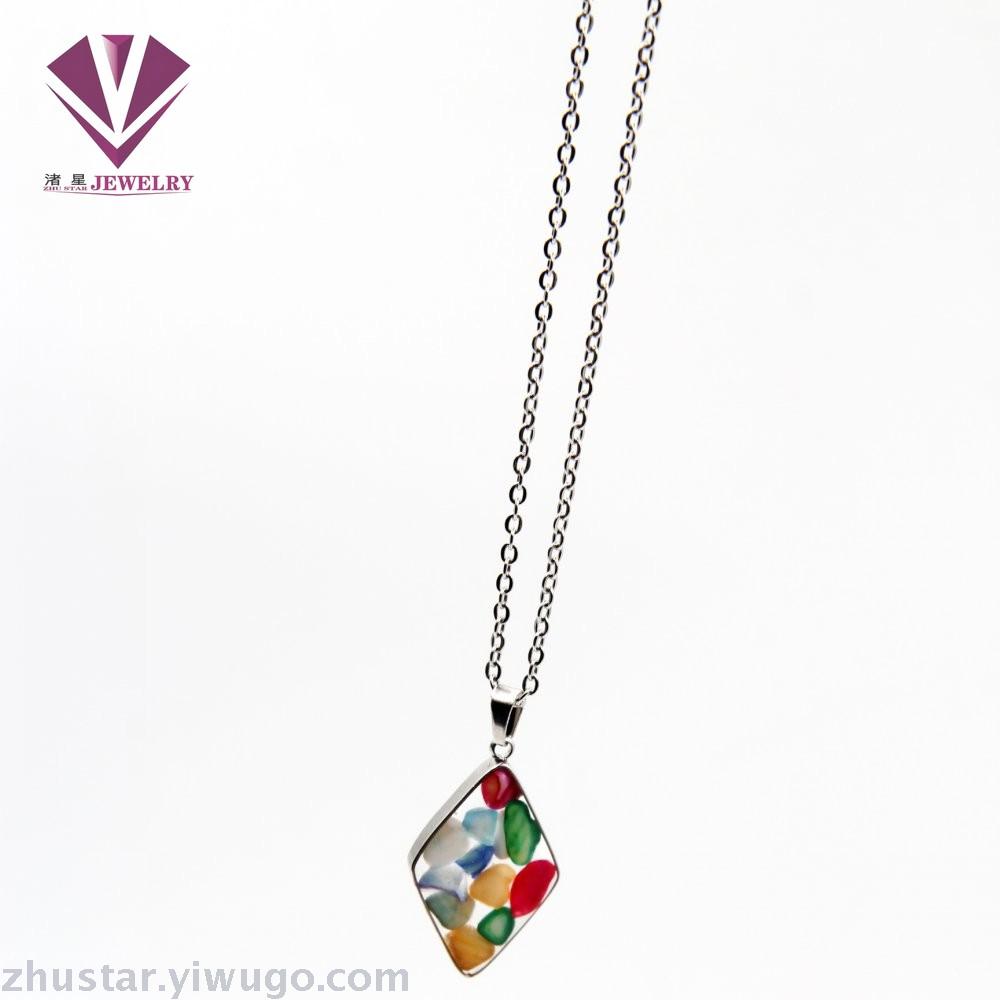 Stainless steel natural stone pendant, agate, powder crystal, amethyst, cyan crystal, tiger eye stone, pine stone, coral
