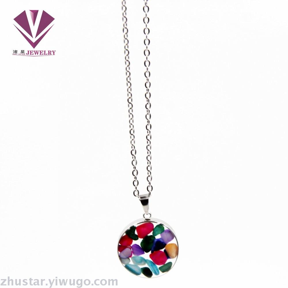 Stainless steel natural stone pendant, agate, powder crystal, amethyst, turquoise, tiger eye stone, pine stone, coral