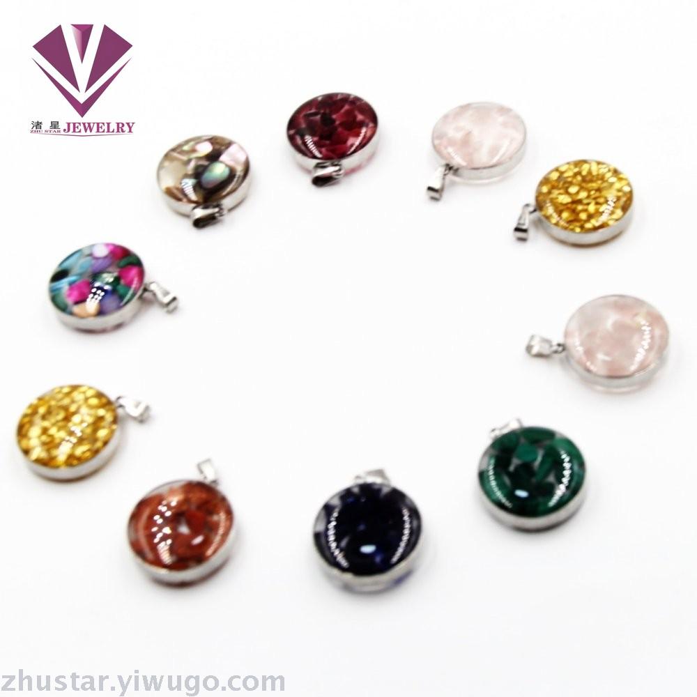 Stainless steel natural stone pendant, agate, powder crystal, amethyst, turquoise, tiger eye stone, pine stone, coral