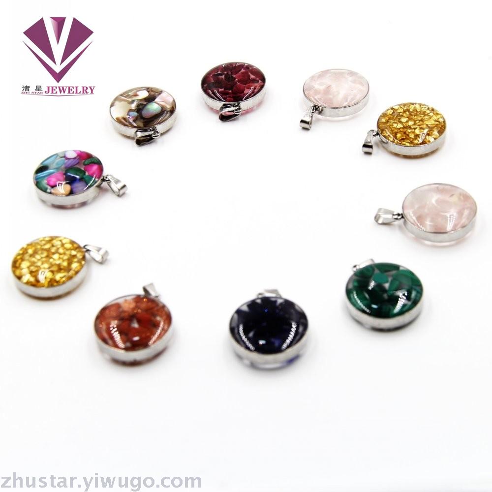 Stainless steel natural stone pendant, agate, powder crystal, amethyst, turquoise, tiger eye stone, pine stone, coral