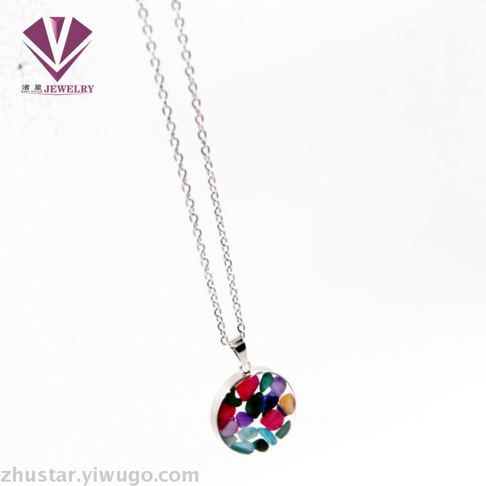 Stainless steel natural stone pendant, agate, powder crystal, amethyst, turquoise, tiger eye stone, pine stone, coral