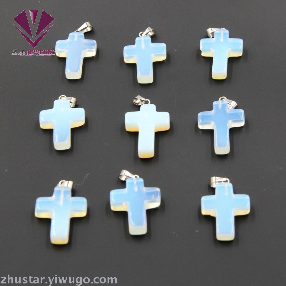 Natural stone opal cross pendant, agate, pink crystal, amethyst, tiger eye stone, pine stone, coral