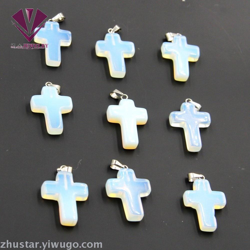 Natural stone opal cross pendant, agate, pink crystal, amethyst, tiger eye stone, pine stone, coral