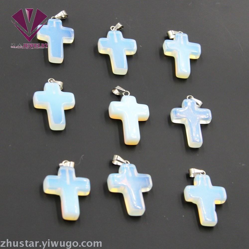 Natural stone opal cross pendant, agate, pink crystal, amethyst, tiger eye stone, pine stone, coral