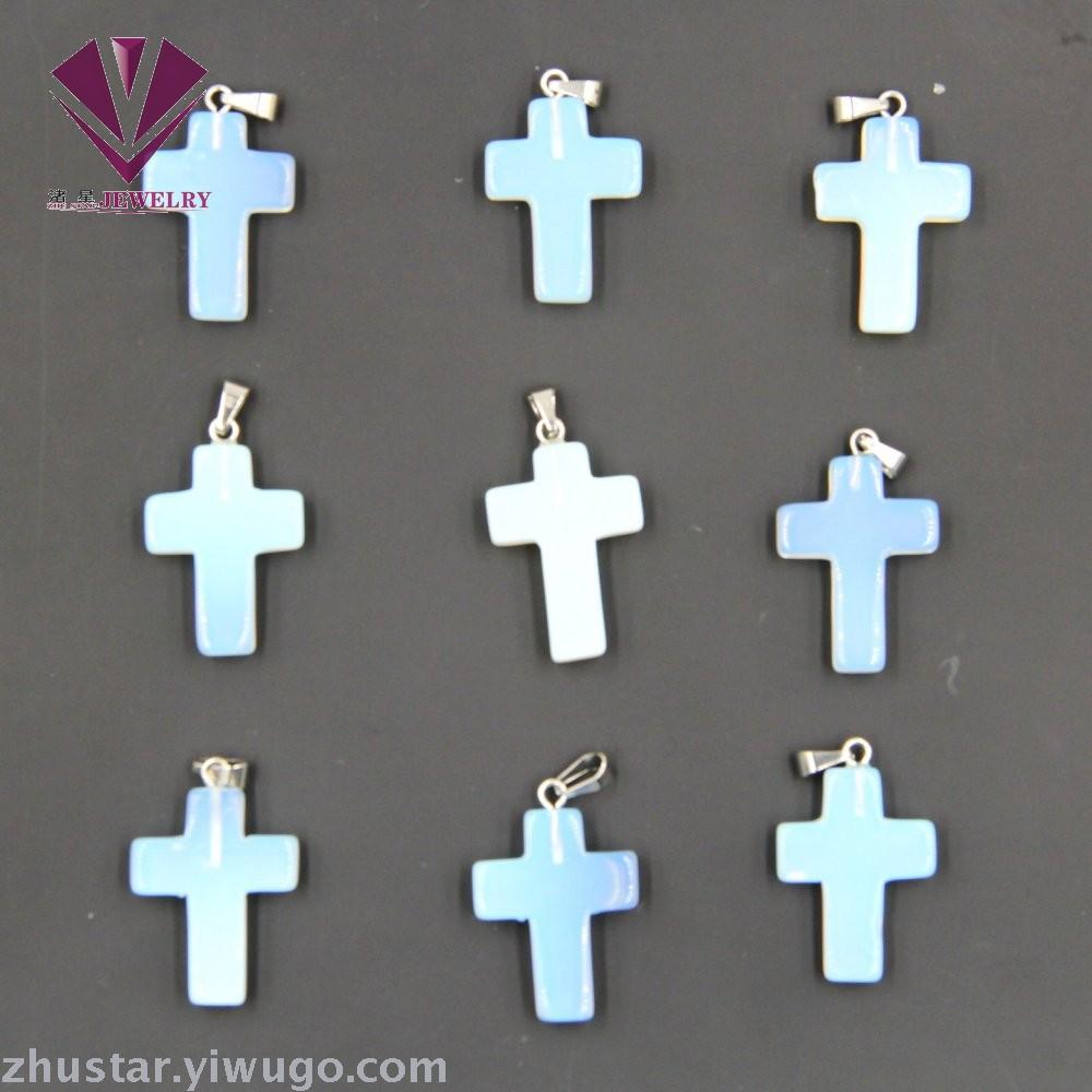 Natural stone opal cross pendant, agate, pink crystal, amethyst, tiger eye stone, pine stone, coral