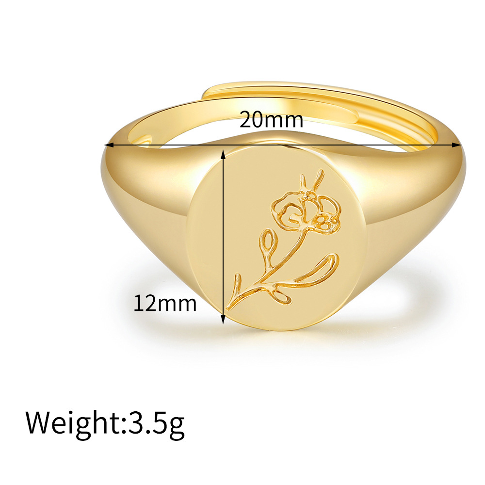 INS New Printed Open Ring Copper Plated Real Gold Ring Cold Wind Women's Ring Accessories Jewellery