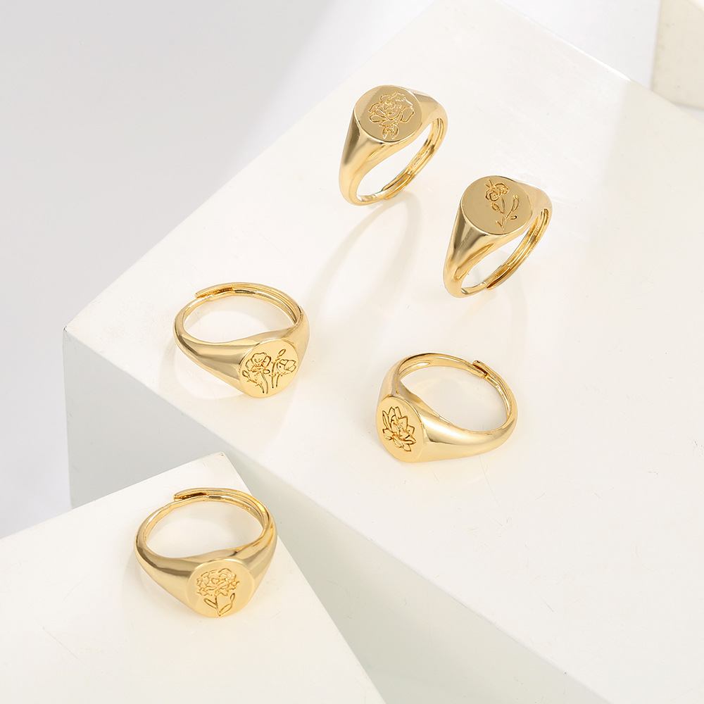 INS New Printed Open Ring Copper Plated Real Gold Ring Cold Wind Women's Ring Accessories Jewellery