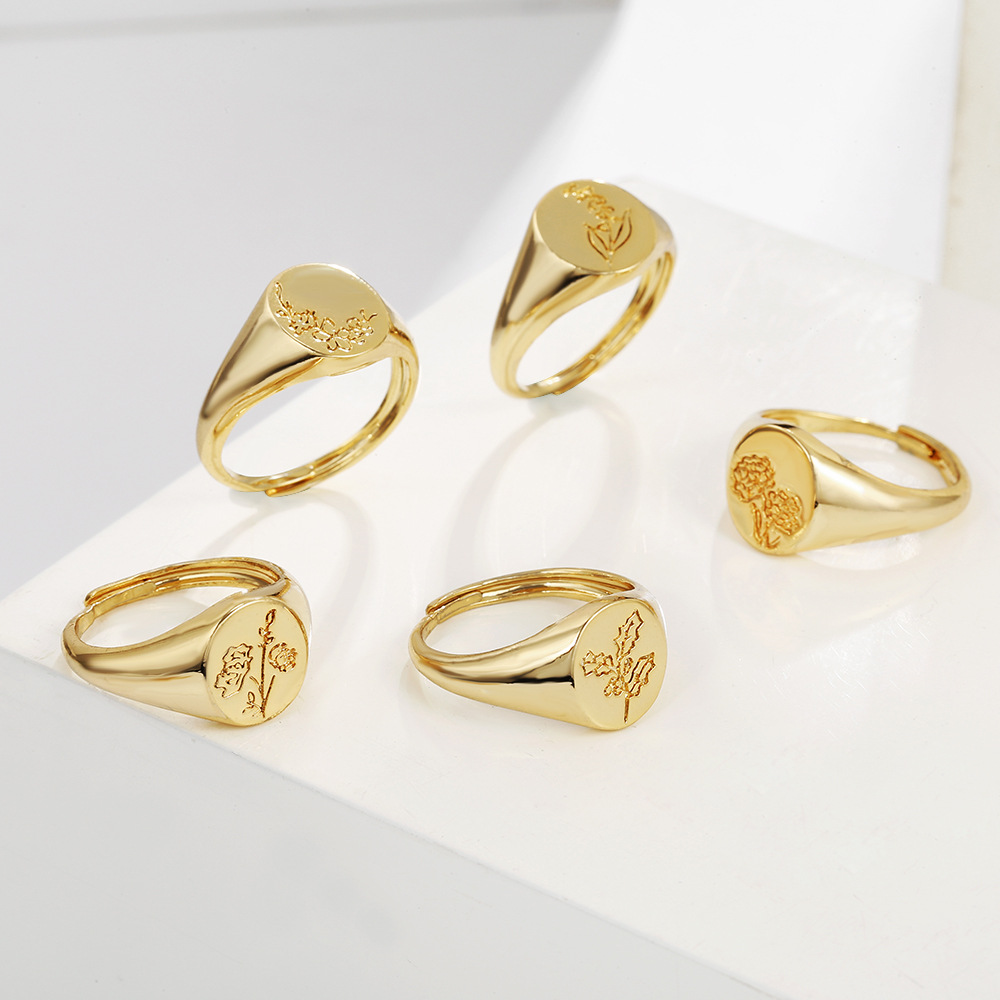 INS New Printed Open Ring Copper Plated Real Gold Ring Cold Wind Women's Ring Accessories Jewellery
