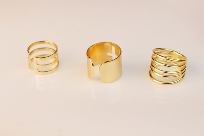 European and American Exaggerated and Personalized Striped Hollow Cross Metal Gold Ring Knuckle Ring Three-Piece Set