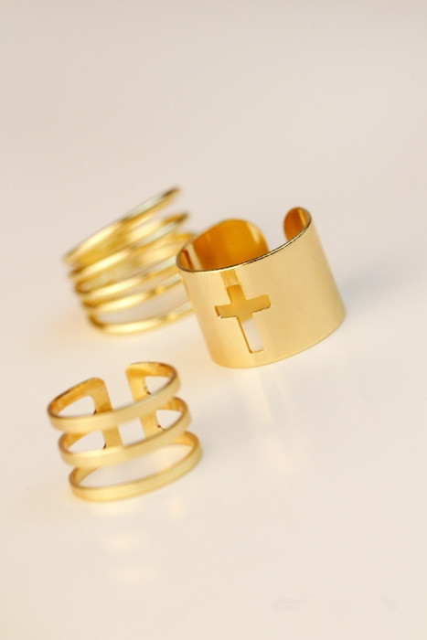 European and American Exaggerated and Personalized Striped Hollow Cross Metal Gold Ring Knuckle Ring Three-Piece Set