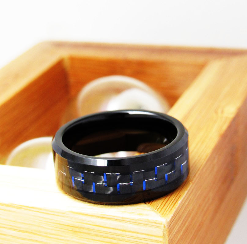 Wanruyi Tungsten Gold Ring Eight Wide Batch Edge Electric Black Inlaid Blue Black Carbon Fiber Foreign Trade Ornament Spot Wanruyi Tungsten Gold Ring Eight Wide Batch Edge Electric Black Inlaid Blue Black Carbon Fiber Foreign Trade Ornament Spot