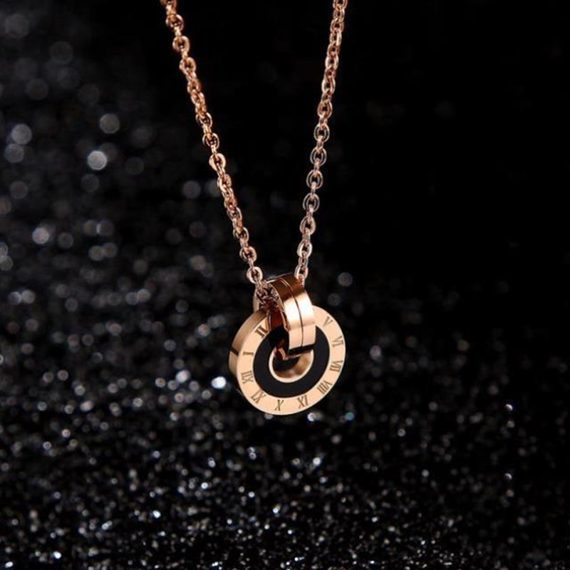 European and American Retro Roman Lettering Double Ring Fashion Personality All-Match Titanium Steel Rose Gold Ring Clavicle Chain Necklace for Women