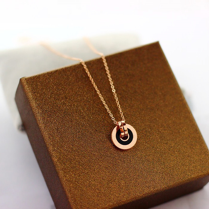 European and American Retro Roman Lettering Double Ring Fashion Personality All-Match Titanium Steel Rose Gold Ring Clavicle Chain Necklace for Women European and American Retro Roman Lettering Double Ring Fashion Personality All-Match Titanium Steel Rose Gold Ring Clavicle Chain Necklace for Women