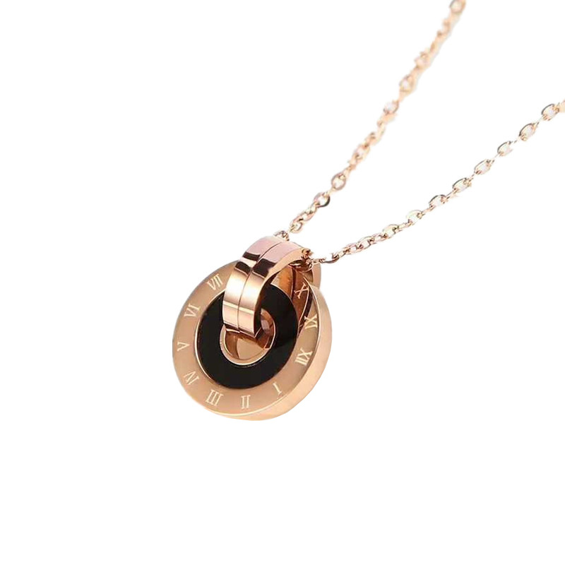 European and American Retro Roman Lettering Double Ring Fashion Personality All-Match Titanium Steel Rose Gold Ring Clavicle Chain Necklace for Women European and American Retro Roman Lettering Double Ring Fashion Personality All-Match Titanium Steel Rose Gold Ring Clavicle Chain Necklace for Women