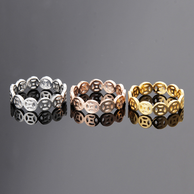 Titanium steel ring ancient copper money design women's rose gold ring Titanium steel ring ancient copper money design women's rose gold ring