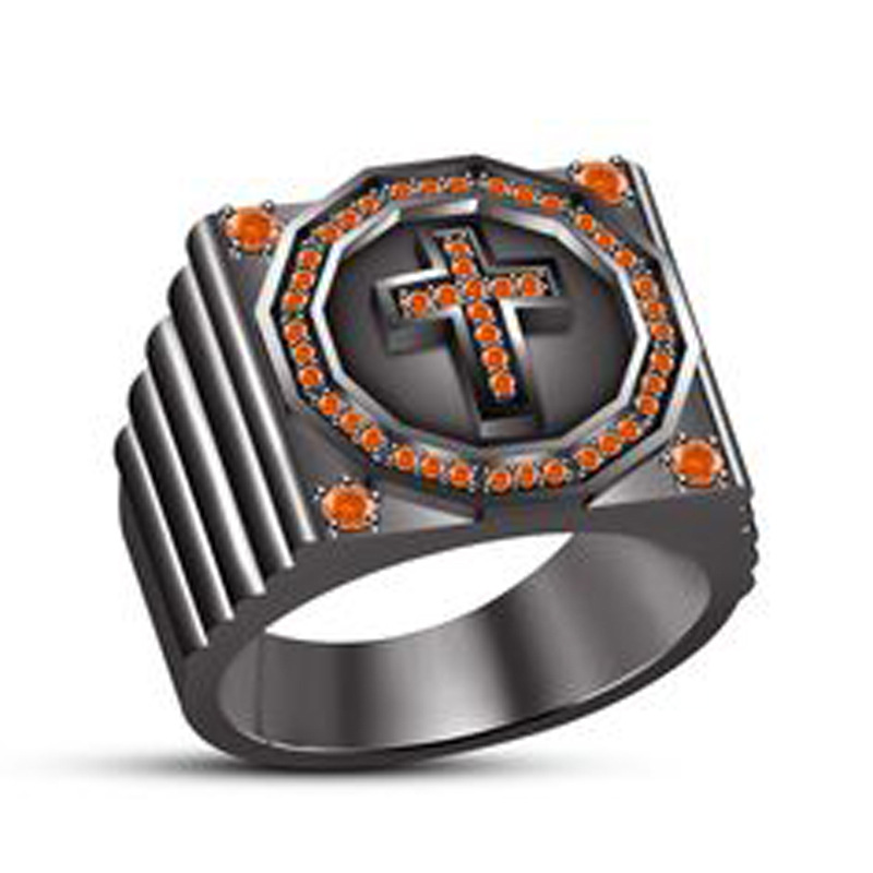 Rongyu EBay Fashion Inlaid Ruby Diamond Black Gold Ring European and American Popular Cross the Wedding Party Ring