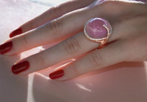 Yung yu ebay new hot pink crystal moonstone diamond ring Europe and America creative 14k rose gold ring
