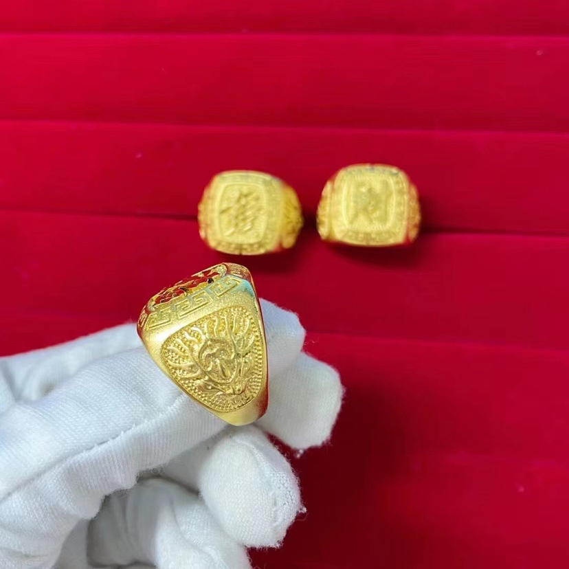 Copper Plated Gold High Imitation 24K Gold Ring Men's Sand Gold Imitation 999 Pure Gold Lucky Word Open Ring Boss Ring