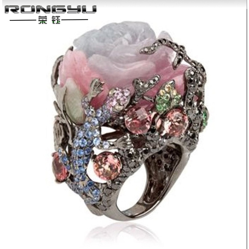 Rongyu Wish Hot Sale at AliExpress Rainbow Color Rose Peony Flower Timbo Natural Stone Lizard Black Gold Ring