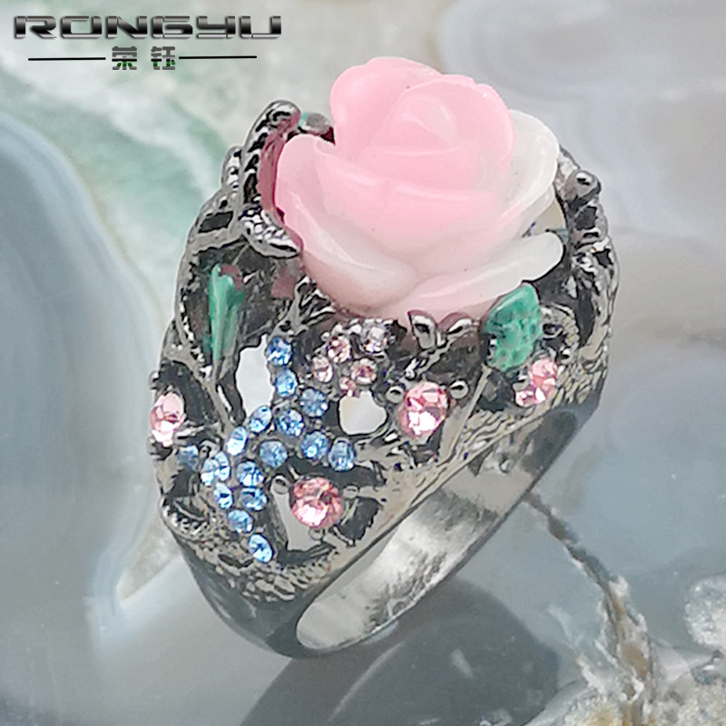 Rongyu Wish Hot Sale at AliExpress Rainbow Color Rose Peony Flower Timbo Natural Stone Lizard Black Gold Ring