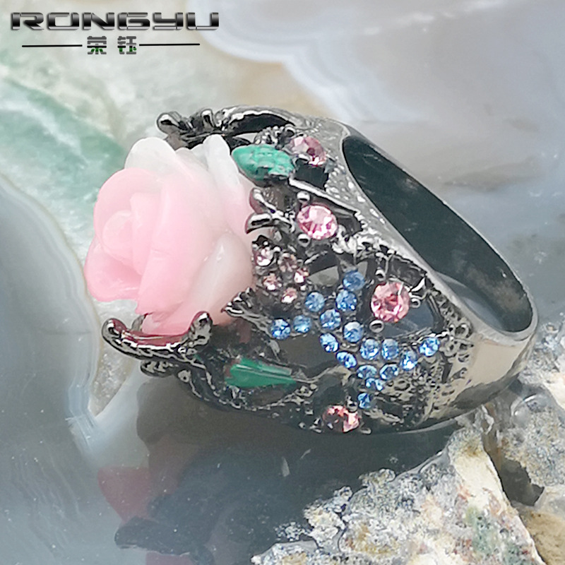 Rongyu Wish Hot Sale at AliExpress Rainbow Color Rose Peony Flower Timbo Natural Stone Lizard Black Gold Ring