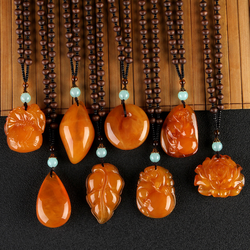 2020 New Style Wooden Bead Chain Two-Color Orange Beeswax Pendant Pendant Sweater Chain Retro Ethnic Style Long Necklace for Women