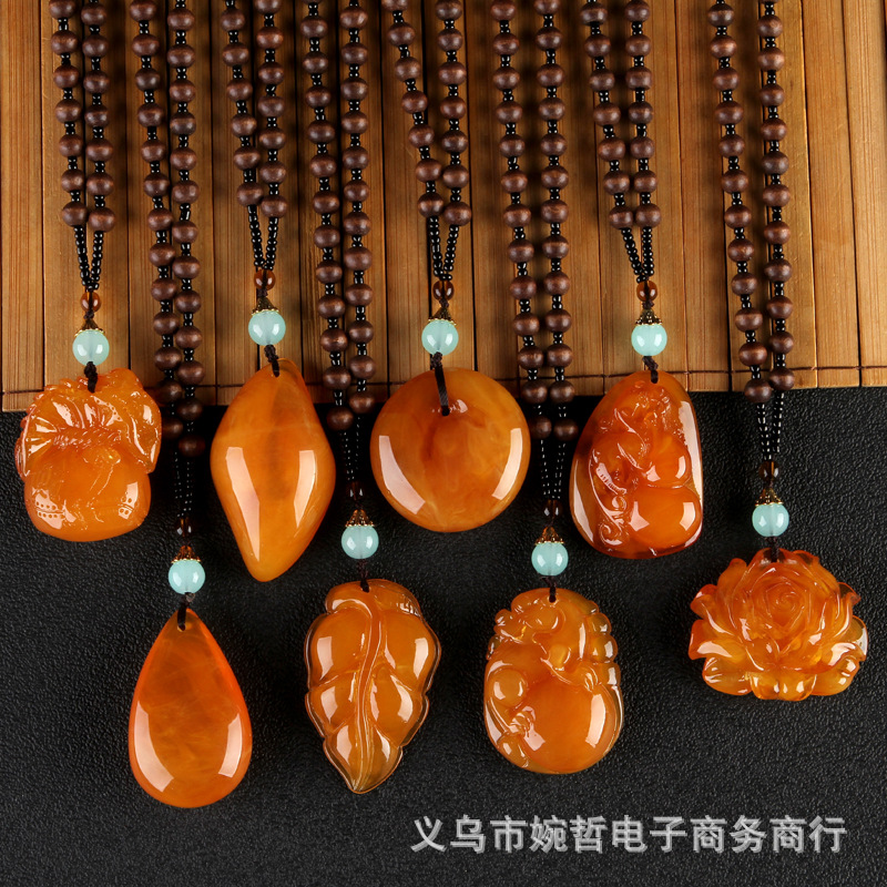 2020 New Style Wooden Bead Chain Two-Color Orange Beeswax Pendant Pendant Sweater Chain Retro Ethnic Style Long Necklace for Women
