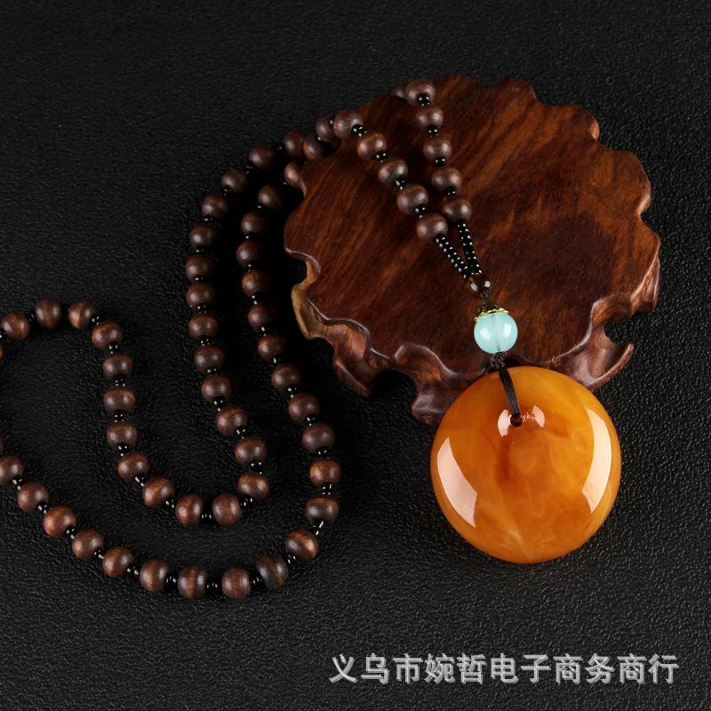 2020 New Style Wooden Bead Chain Two-Color Orange Beeswax Pendant Pendant Sweater Chain Retro Ethnic Style Long Necklace for Women