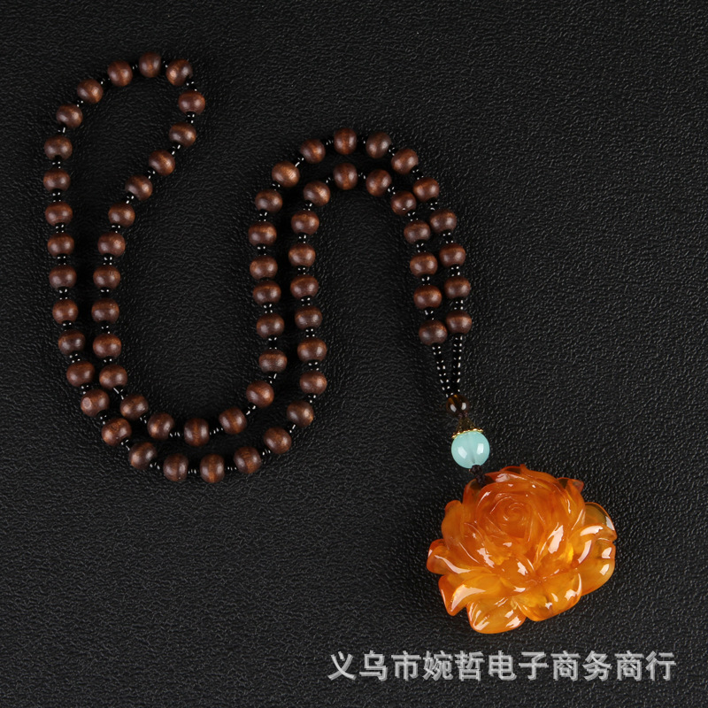 2020 New Style Wooden Bead Chain Two-Color Orange Beeswax Pendant Pendant Sweater Chain Retro Ethnic Style Long Necklace for Women