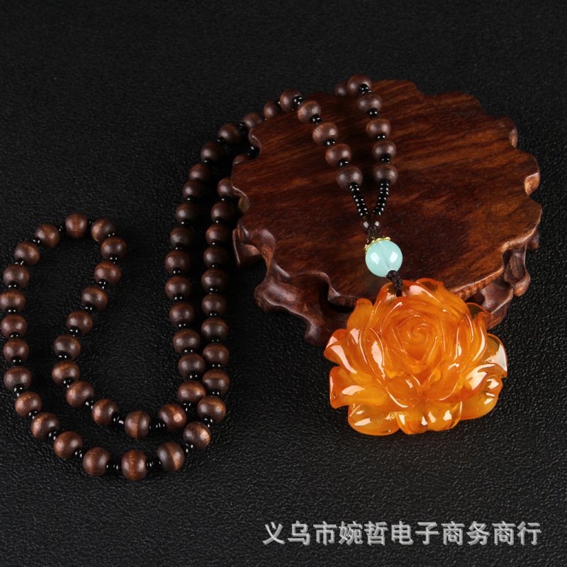2020 New Style Wooden Bead Chain Two-Color Orange Beeswax Pendant Pendant Sweater Chain Retro Ethnic Style Long Necklace for Women