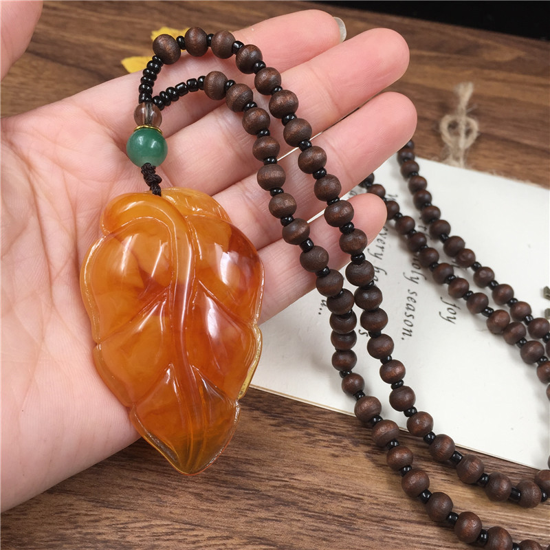 2020 New Style Wooden Bead Chain Two-Color Orange Beeswax Pendant Pendant Sweater Chain Retro Ethnic Style Long Necklace for Women