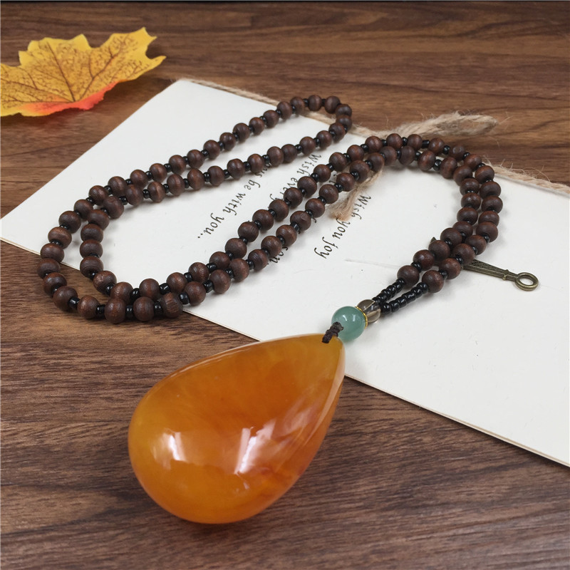 2020 New Style Wooden Bead Chain Two-Color Orange Beeswax Pendant Pendant Sweater Chain Retro Ethnic Style Long Necklace for Women