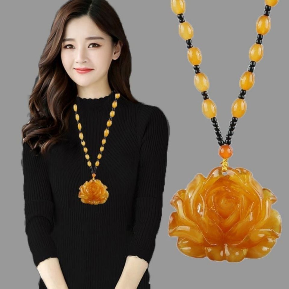 Beeswax Pendant Long Water Drop Women &#039;S Ethnic Style Vintage Amber Old Wax Necklace Versatile Accessories Sweater Chain Pendant