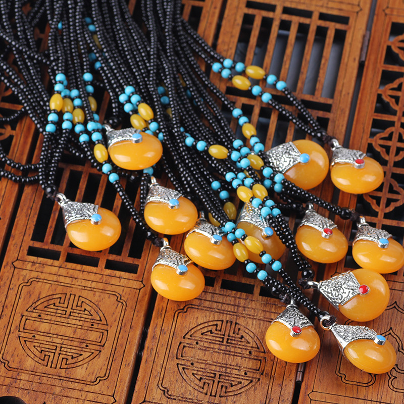 Boutique Ethnic Style Long Beaded Sweater Chain Imitation Beeswax Pendant Bingbing Same Product Ornament Necklace Stall Temple Fair