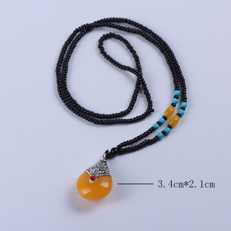 Boutique Ethnic Style Long Beaded Sweater Chain Imitation Beeswax Pendant Bingbing Same Product Ornament Necklace Stall Temple Fair