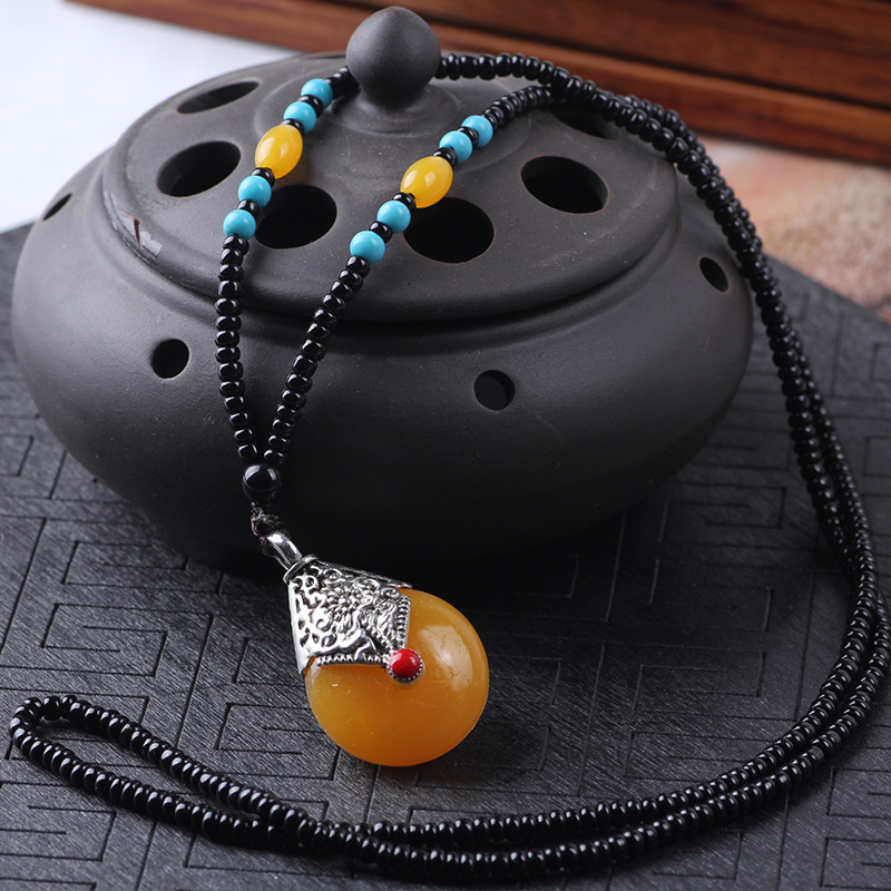 Boutique Ethnic Style Long Beaded Sweater Chain Imitation Beeswax Pendant Bingbing Same Product Ornament Necklace Stall Temple Fair