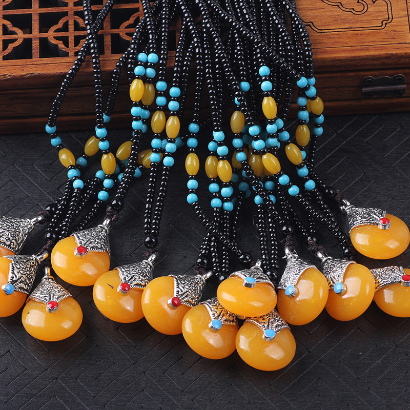 Boutique Ethnic Style Long Beaded Sweater Chain Imitation Beeswax Pendant Bingbing Same Product Ornament Necklace Stall Temple Fair