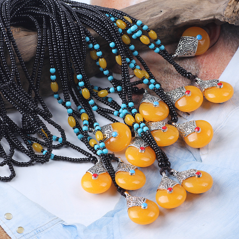 Boutique Ethnic Style Long Beaded Sweater Chain Imitation Beeswax Pendant Bingbing Same Product Ornament Necklace Stall Temple Fair
