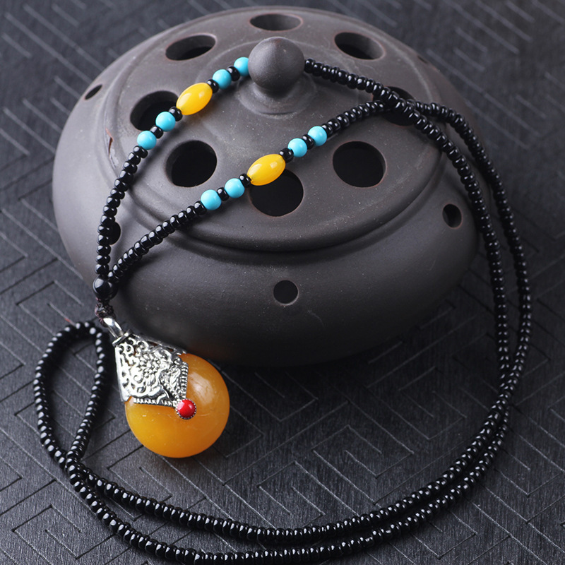 Boutique Ethnic Style Long Beaded Sweater Chain Imitation Beeswax Pendant Bingbing Same Product Ornament Necklace Stall Temple Fair