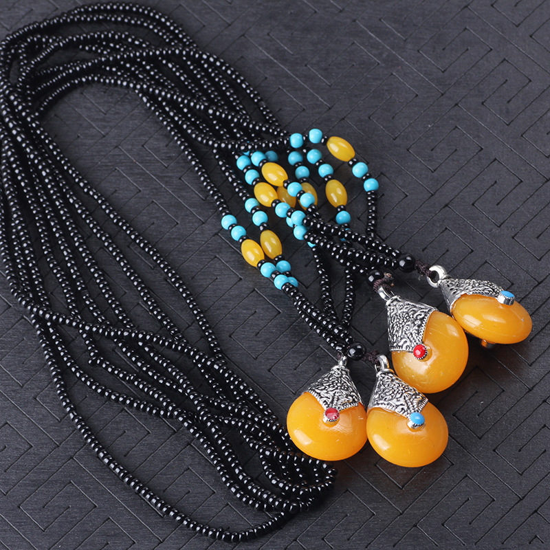 Boutique Ethnic Style Long Beaded Sweater Chain Imitation Beeswax Pendant Bingbing Same Product Ornament Necklace Stall Temple Fair