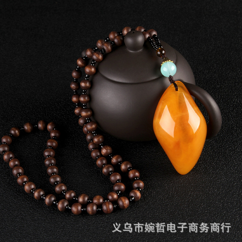 2020 New Style Wooden Bead Chain Two-Color Orange Beeswax Pendant Pendant Sweater Chain Retro Ethnic Style Long Necklace for Women