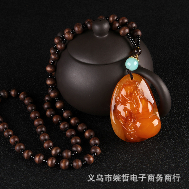 2020 New Style Wooden Bead Chain Two-Color Orange Beeswax Pendant Pendant Sweater Chain Retro Ethnic Style Long Necklace for Women