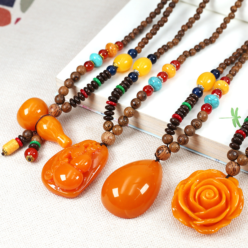 Chicken wing wooden sweater chain national wind necklace 2 generation beeswax rose peony pendant fashion accessories are versatile