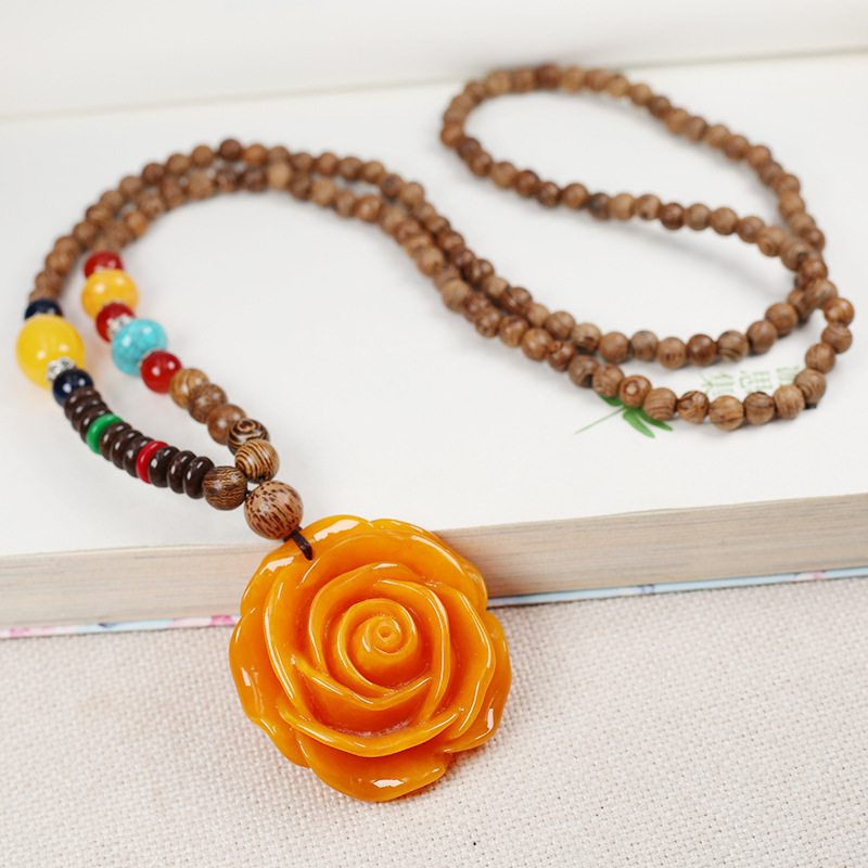 Chicken wing wooden sweater chain national wind necklace 2 generation beeswax rose peony pendant fashion accessories are versatile