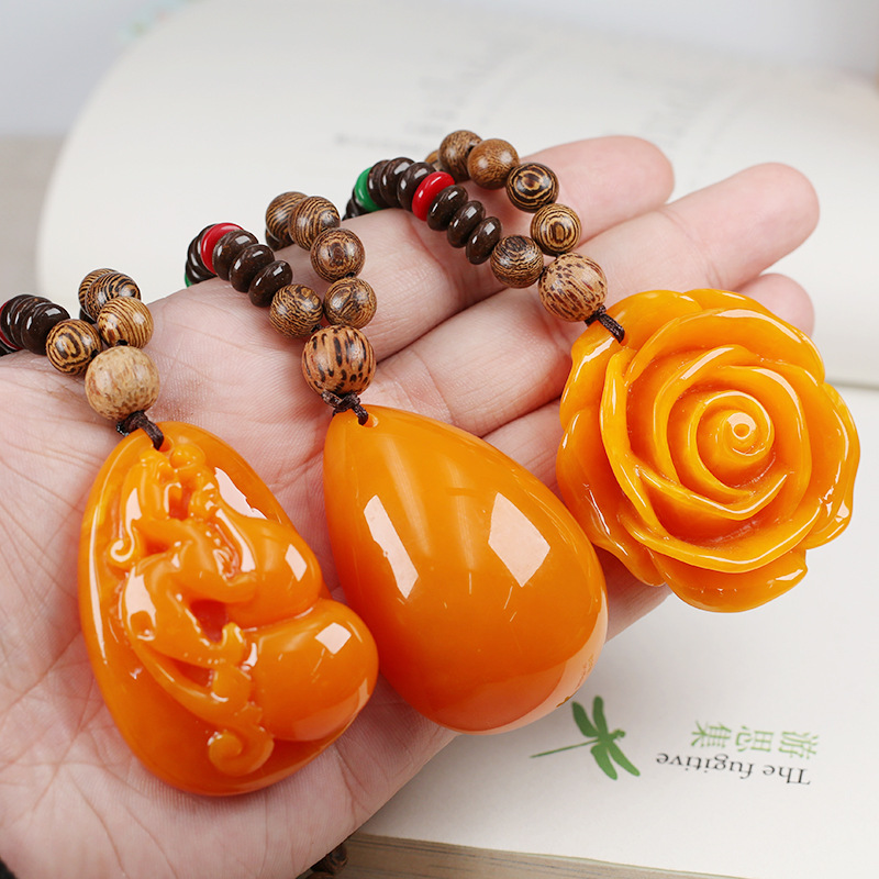 Chicken wing wooden sweater chain national wind necklace 2 generation beeswax rose peony pendant fashion accessories are versatile