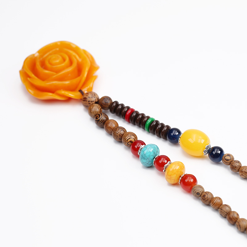Chicken wing wooden sweater chain national wind necklace 2 generation beeswax rose peony pendant fashion accessories are versatile