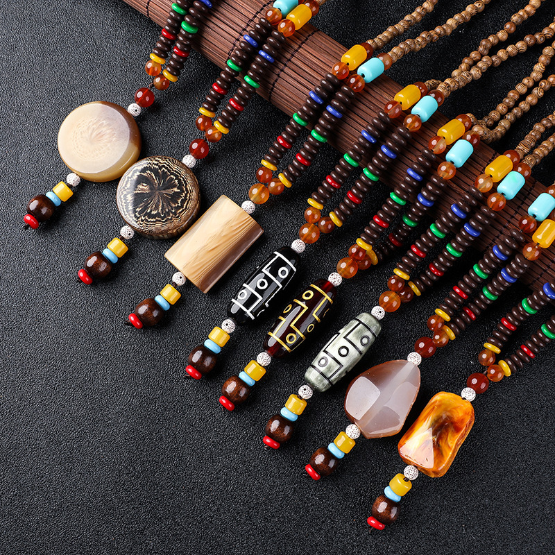 Imitation Beeswax Pendant Women's Long Autumn/Winter Sweater Chain Stall Necklace Door Frame Pendant Artistic Ethnic Style Jewelry