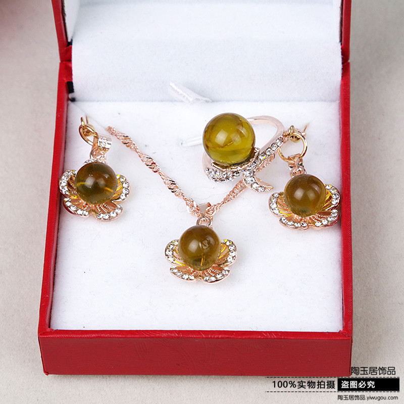 Gold Blue Amber beeswax gilt jewelry necklace bracelet ring earrings set